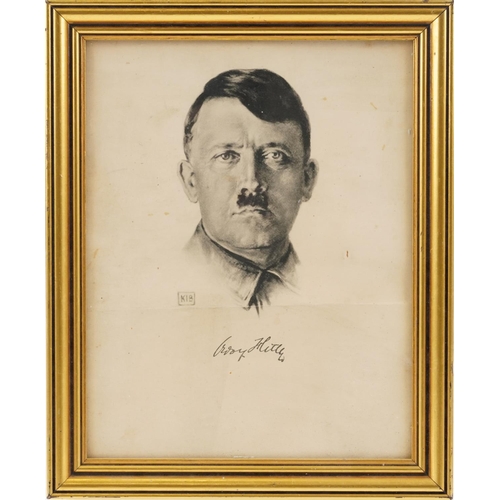 2445 - Two military interest prints of Adolf Hitler and one of a standing officer, each mounted and framed,... 