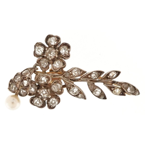 3159 - An antique unmarked gold diamond floral brooch with pearl drop, 3.6cm high, 2.8g.