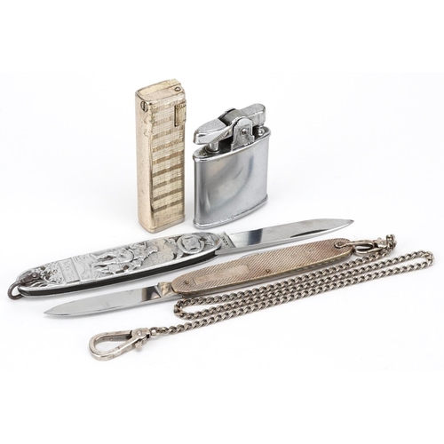 265 - A silver flanked folding pocket knife together with one other and two pocket lighters.