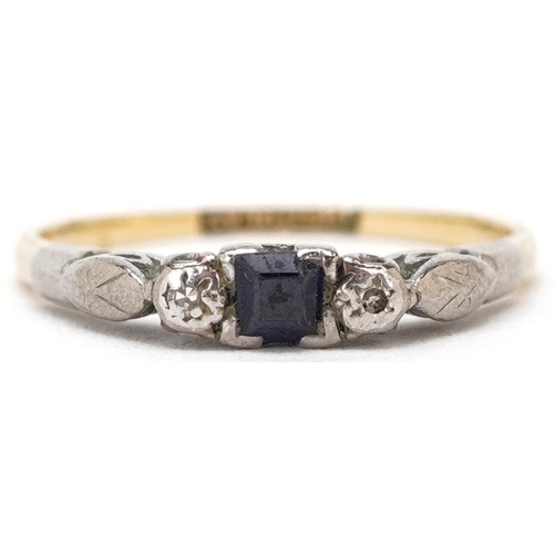 3465 - An 18ct gold and platinum sapphire and diamond three stone ring, size M, 1.7g.