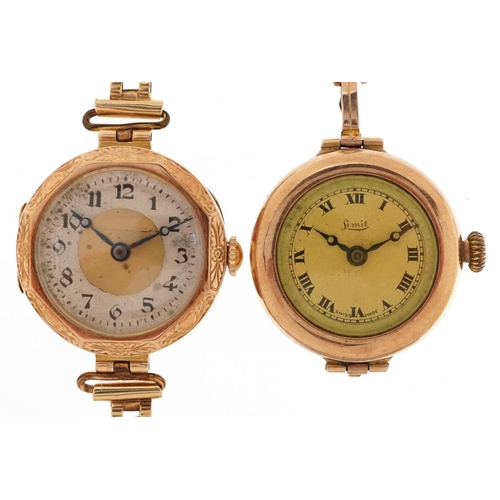 3103 - Two ladies 9ct gold cased manual wind wristwatches with 9ct gold straps, total weight 38.0g.