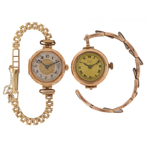 3103 - Two ladies 9ct gold cased manual wind wristwatches with 9ct gold straps, total weight 38.0g.