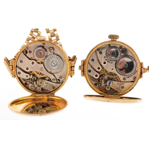 3103 - Two ladies 9ct gold cased manual wind wristwatches with 9ct gold straps, total weight 38.0g.