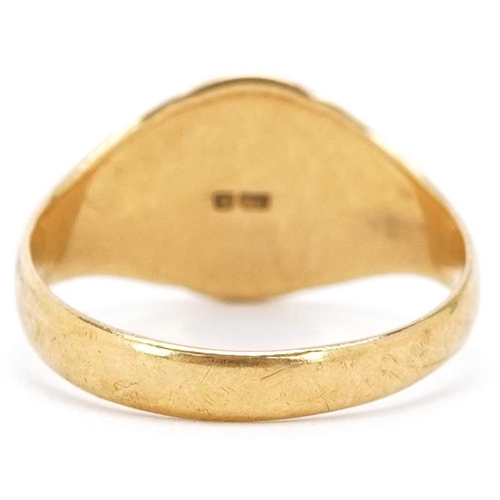 3070 - An unengraved 18ct gold signet ring, size R, 4.9g.