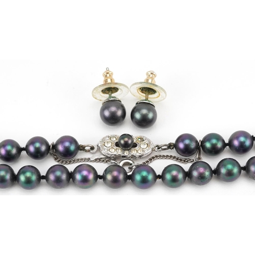 A single string black pearl necklace with silver clasp and a
