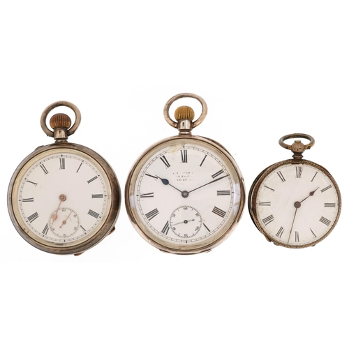 3757 - Two antique gentlemen's silver open face pocket watches and a ladies silver pocket watch for repair,... 