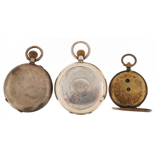 3757 - Two antique gentlemen's silver open face pocket watches and a ladies silver pocket watch for repair,... 