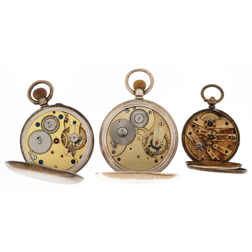 3757 - Two antique gentlemen's silver open face pocket watches and a ladies silver pocket watch for repair,... 