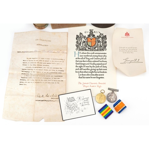 2380 - British militaria including a World War I medal pair and death plaque awarded to 3144 PTE.J.E.ARUNDE... 