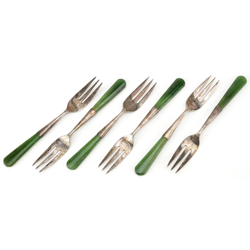 538 - A set of six sterling silver forks with green jade style handles, JS & S maker's mark, 11.5cm in len... 