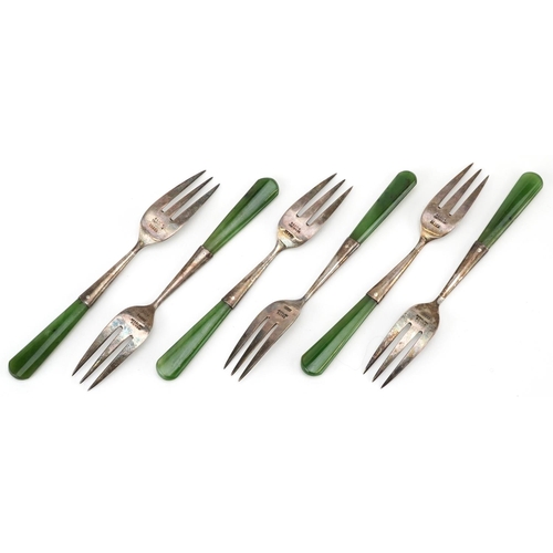 538 - A set of six sterling silver forks with green jade style handles, JS & S maker's mark, 11.5cm in len... 