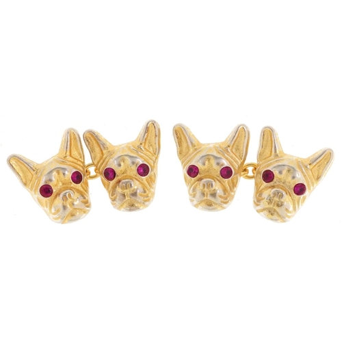 3116 - A pair of silver gilt French Bulldog design cufflinks with red stone eyes, impressed Russian marks, ... 