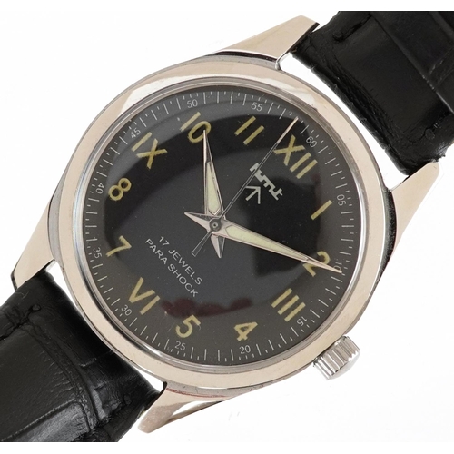 3462 - HMT, a gentlemen's refurbished HMT military interest manual wind wristwatch with skeleton back, the ... 