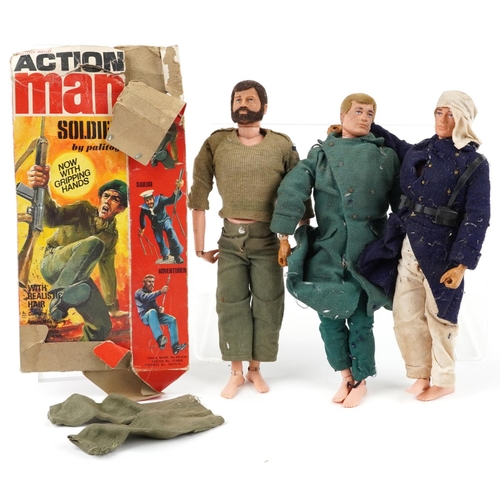 Three vintage Action Man figures with cloth hair, including Palitoy.