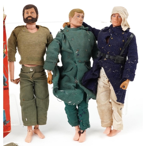  Three vintage Action Man figures with cloth hair, including Palitoy.