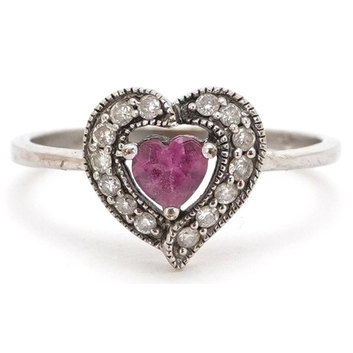 3156 - An unmarked white gold pink garnet and diamond love heart ring, size L, 2.1g.