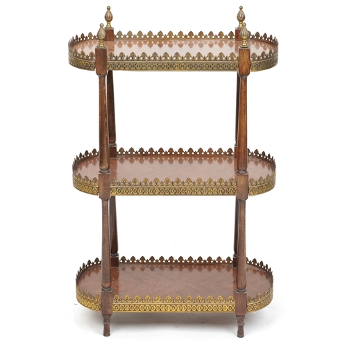 2049 - A late 20th century French kingwood and gilt metal mounted three tier étagère, 79cm H x 51cm W x 27c... 