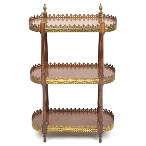 2049 - A late 20th century French kingwood and gilt metal mounted three tier étagère, 79cm H x 51cm W x 27c... 