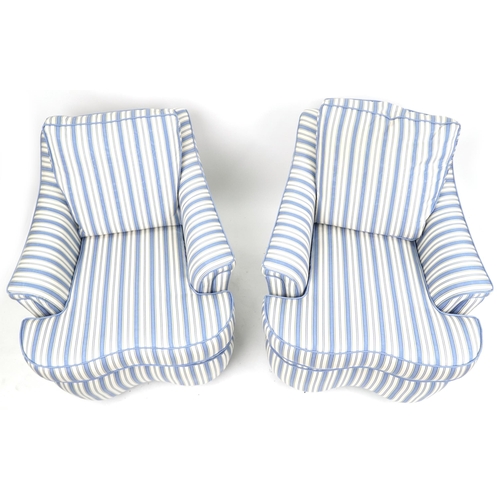 2005 - A mid 20th century George V three piece suite upholstered in striped blue fabric comprising a two se... 