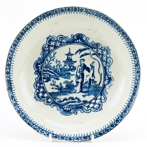 491 - A English pearlware blue & white transfer printed saucer dish, circa 1770, the central roundel print... 