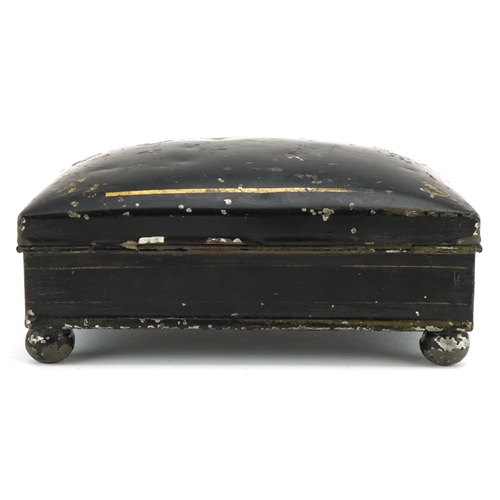 1141 - A late Georgian Japanned spice box, circa 1820, the slightly domed top opening to reveal two section... 