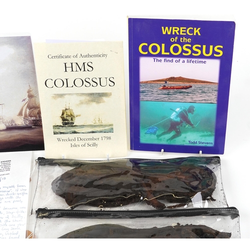 2434 - A collection of salvaged shipwreck articles from HMS Colossus together with letters from the diver T... 