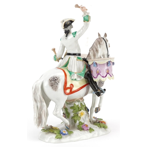 117 - A mid 20th century Meissen porcelain figure group of a military drummer on horseback, underglaze blu... 