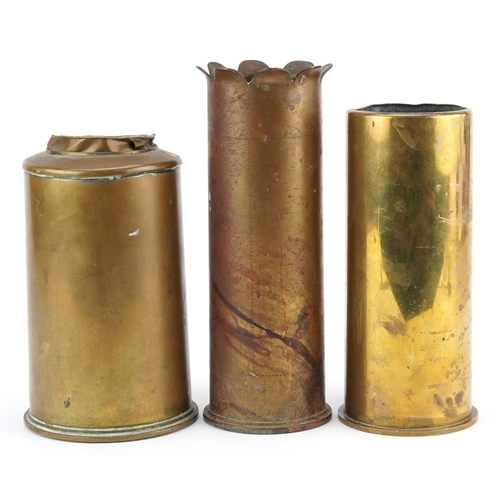 2469 - Three British military trench art shell cases, two dated 1917, the largest 20.5cm high.