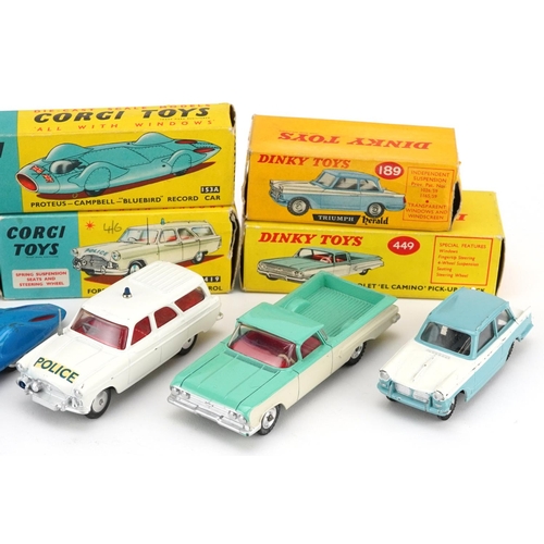 1405 - Five vintage Dinky and Corgi diecast vehicles with boxes comprising Dinky Triumph Herald 189, Dinky ... 