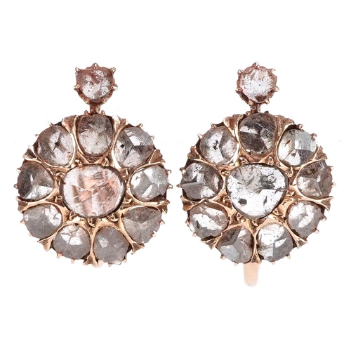 3015 - A pair of continental gold old cut diamond cluster earrings, 15.0mm in diameter, total 5.2g, housed ... 