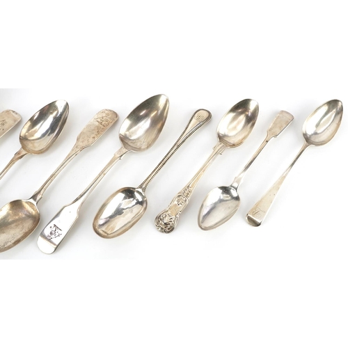 571 - A collection of Georgian and Victorian silver spoons including some Irish silver, the largest 22cm i... 