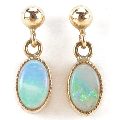 3379 - A pair of 9ct gold opal drop earrings, 11.0mm high, total 0.8g.