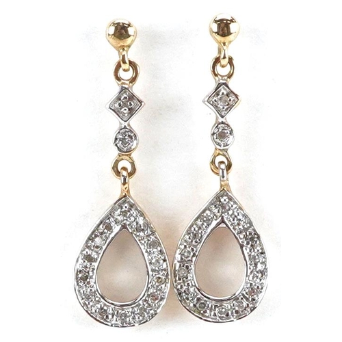 3066 - A pair of 9ct gold diamond drop earrings, 2.5cm high, total 1.9g.