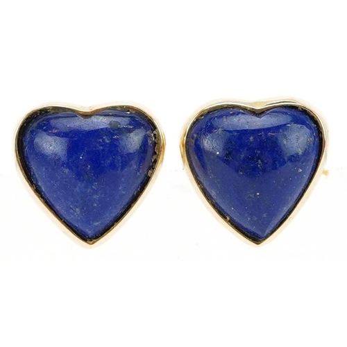 3419 - A pair of 18ct gold lapis lazuli love heart stud earrings, 8.8mm high, total 2.0g.