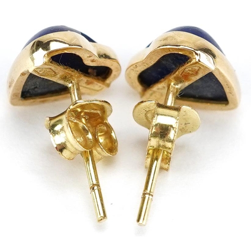 3419 - A pair of 18ct gold lapis lazuli love heart stud earrings, 8.8mm high, total 2.0g.