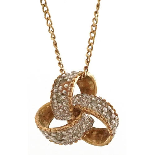 3344 - A 9ct gold diamond love knot pendant on a 9ct gold chain, 9.0mm high and 44cm in length, total 1.3g.