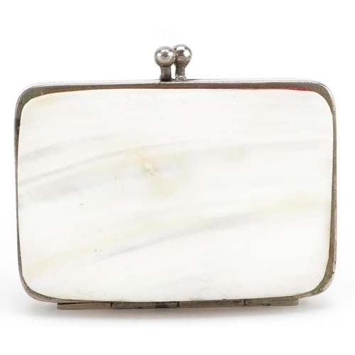 260 - A vintage mother of pearl souvenir concertina purse decorated with Worcester Cathedral, 6.5cm wide.