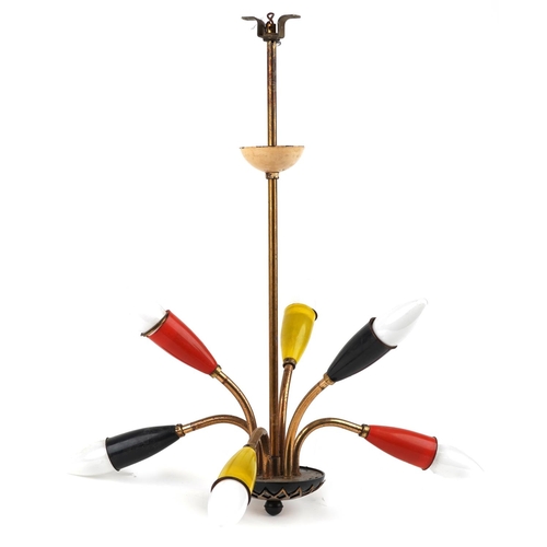 238 - A mid 20th century six branch Sputnik ceiling light finished in red, black and yellow, 52cm high.