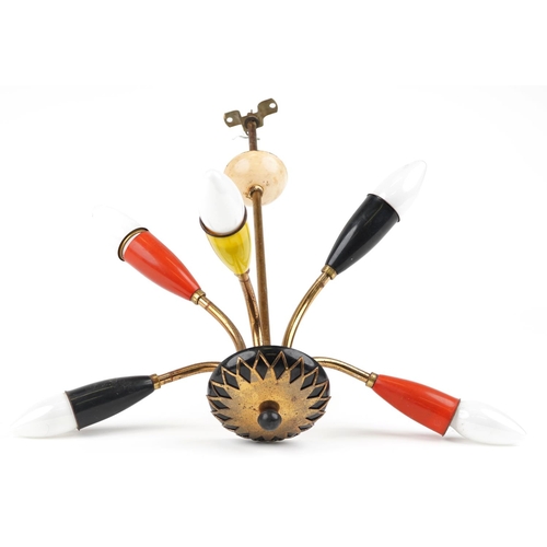 238 - A mid 20th century six branch Sputnik ceiling light finished in red, black and yellow, 52cm high.