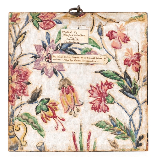  A Victorian embroidered silk needlework panel by Winnifred Beatson, bearing a label verso inscribed ... 