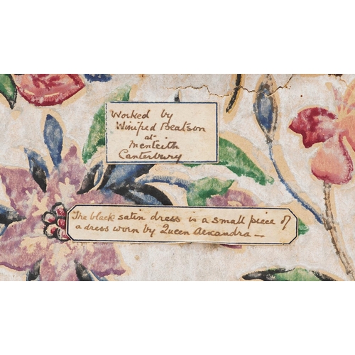  A Victorian embroidered silk needlework panel by Winnifred Beatson, bearing a label verso inscribed ... 