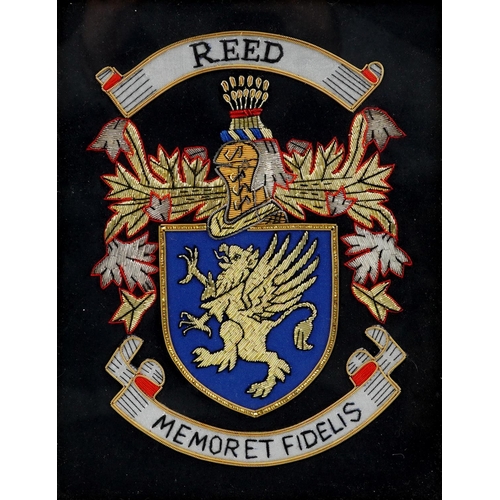 2495 - A 20th century embroidered silk Scottish coat of arms for the Reed family, framed, 25cm x 20cm.