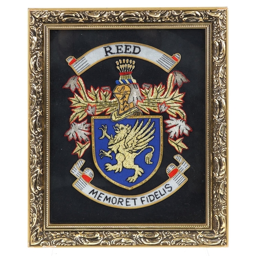 2495 - A 20th century embroidered silk Scottish coat of arms for the Reed family, framed, 25cm x 20cm.