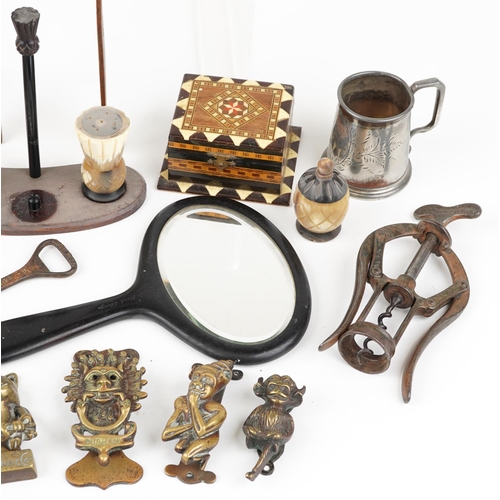 259 - A mixed group of various collector's items including brass door knockers, a Jerusalem olivewood lett... 