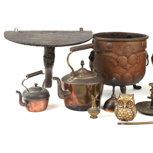 1153 - A mixed group of various collector's items including a copper coal basket, a carved oak Victorian mi... 