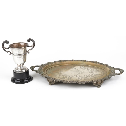 587 - A George V silver twin handled trophy engraved A Replica of the Caffinite House Cup presented to E A... 