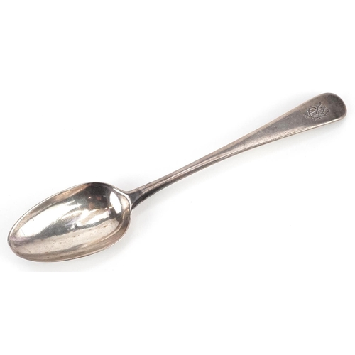 576 - A George III silver desert spoon, incomplete maker's mark London 1781, 17cm in length, 35.0g.