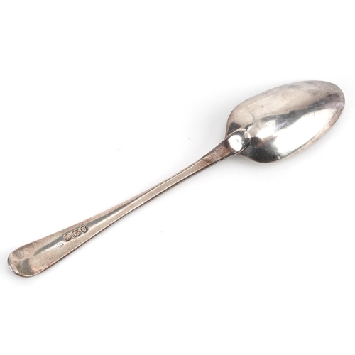 576 - A George III silver desert spoon, incomplete maker's mark London 1781, 17cm in length, 35.0g.