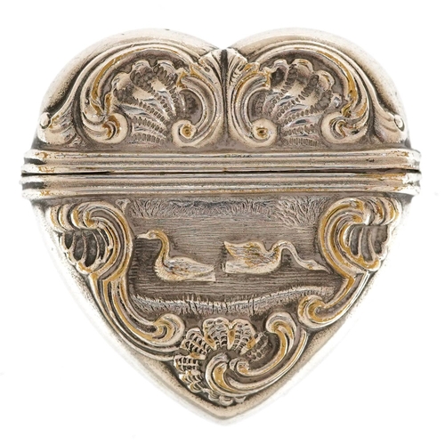 228 - A silver plated vinaigrette in the form of a love heart embossed with ducks and a fish in water, 3.5... 