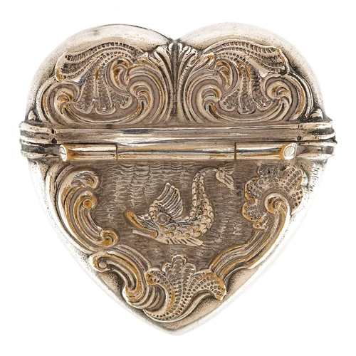 228 - A silver plated vinaigrette in the form of a love heart embossed with ducks and a fish in water, 3.5... 